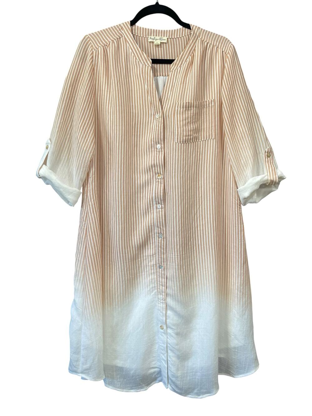 Coastal Dip Dye Striped Shirt Dress Roll Tab Rayon Blend L